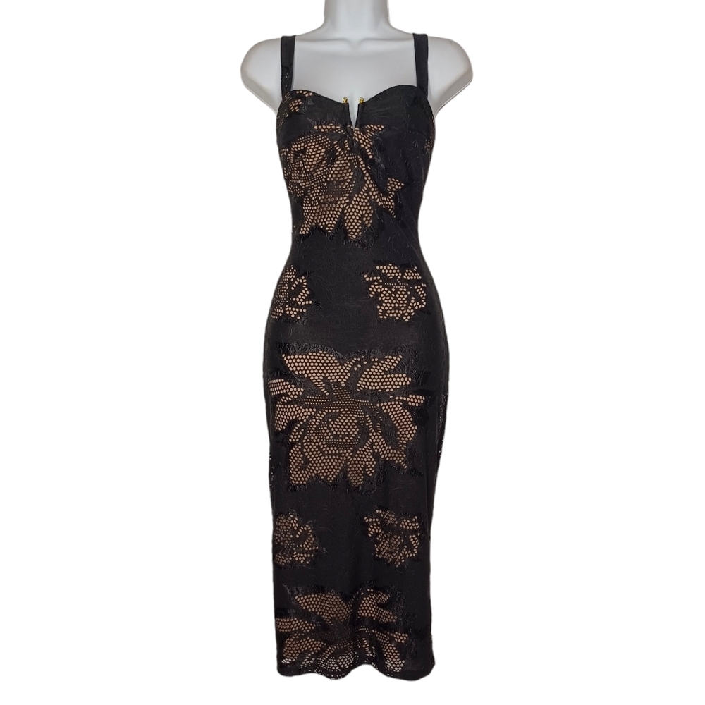 VA VA VOOM Floral Lace Print Sleeveless Midi Pin Up Retro Sheath Black Dress S